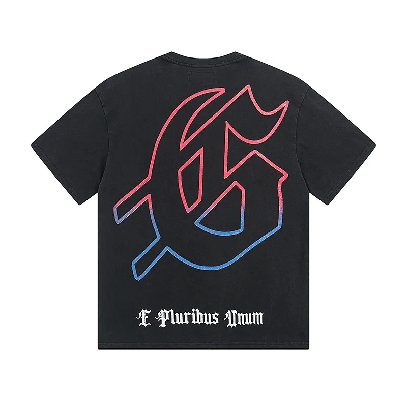1077# P126 Washed Black Real Shot Godspeed American Fashion Rock Street Retro Washed Distressed Printed Pure Cotton Short Sleeves Fabric: 250g 32 Count Fine Cotton Double Yarn Pure Cotton Color: Washed Black Size: S M L XL