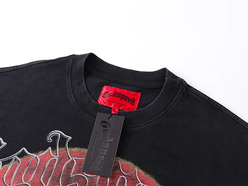 1077# P126 Washed Black Real Shot Godspeed American Fashion Rock Street Retro Washed Distressed Printed Pure Cotton Short Sleeves Fabric: 250g 32 Count Fine Cotton Double Yarn Pure Cotton Color: Washed Black Size: S M L XL