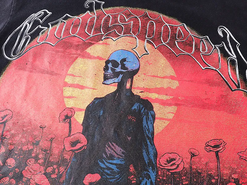 1077# P126 Washed Black Real Shot Godspeed American Fashion Rock Street Retro Washed Distressed Printed Pure Cotton Short Sleeves Fabric: 250g 32 Count Fine Cotton Double Yarn Pure Cotton Color: Washed Black Size: S M L XL