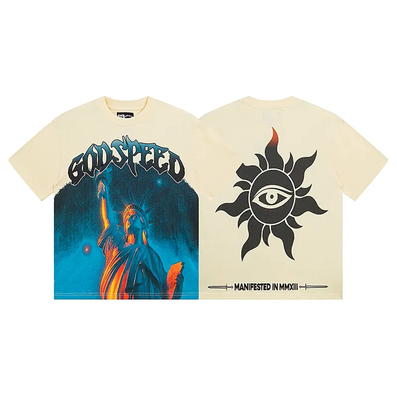 3133# P106 Real shot Godspeed American fashion rock street retro loose printed cotton short sleeves Fabric: 240g 32 count fine cotton double yarn pure cotton Color: apricot Size: S M L XL