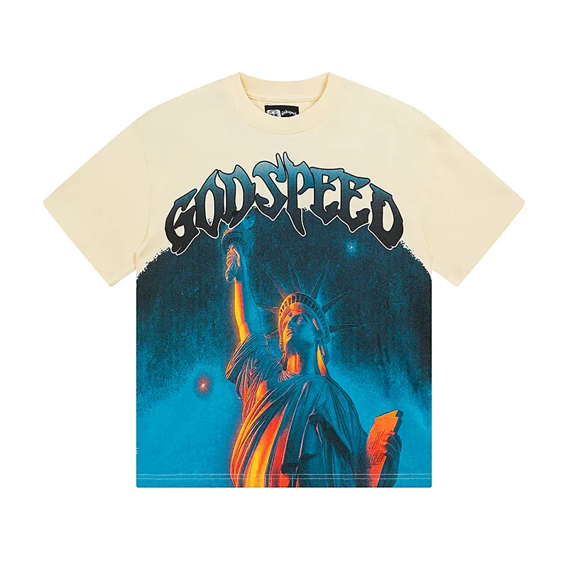 3133# P106 Real shot Godspeed American fashion rock street retro loose printed cotton short sleeves Fabric: 240g 32 count fine cotton double yarn pure cotton Color: apricot Size: S M L XL