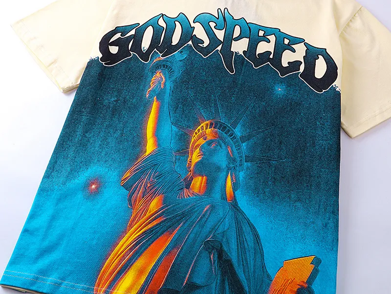 3133# P106 Real shot Godspeed American fashion rock street retro loose printed cotton short sleeves Fabric: 240g 32 count fine cotton double yarn pure cotton Color: apricot Size: S M L XL