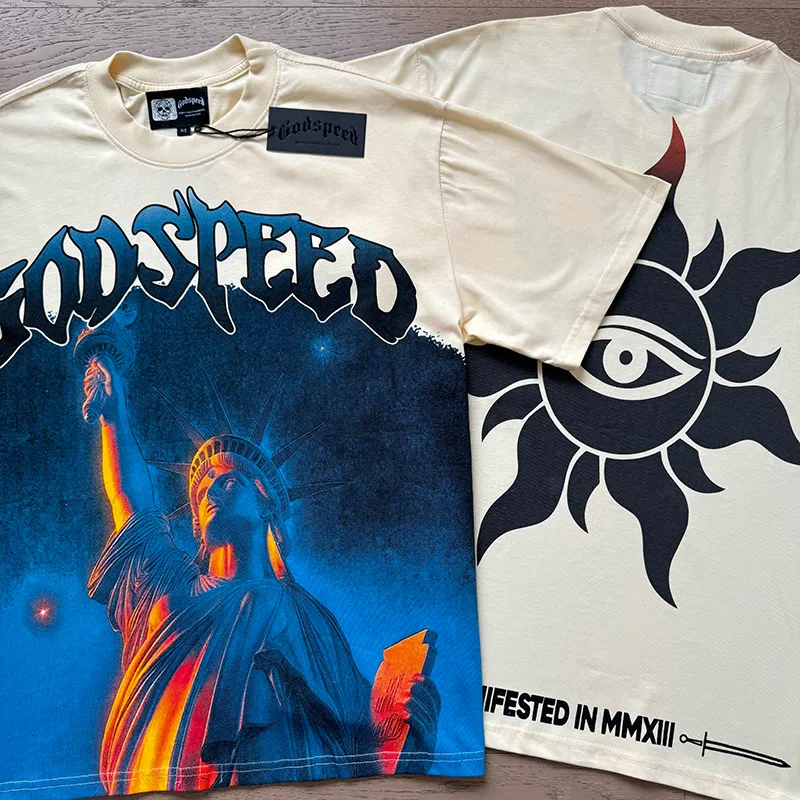 3133# P106 Real shot Godspeed American fashion rock street retro loose printed cotton short sleeves Fabric: 240g 32 count fine cotton double yarn pure cotton Color: apricot Size: S M L XL