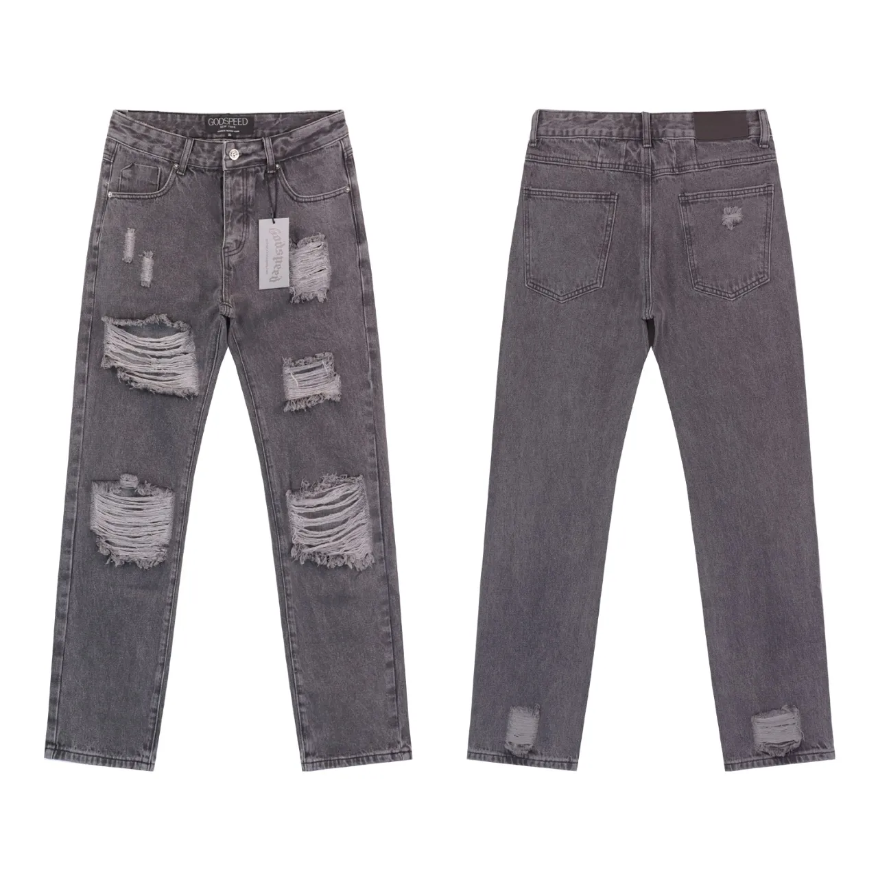 Style No.: 8209 Fabric: Denim P170 Real shot of the trendy Godspeed denim trousers in stock, loose and trendy brand denim Color: Smoke Gray Black Size 28 (S) 30 (M) 32 (L) 34 (XL) 36 (XXL) 38 (XXXL)