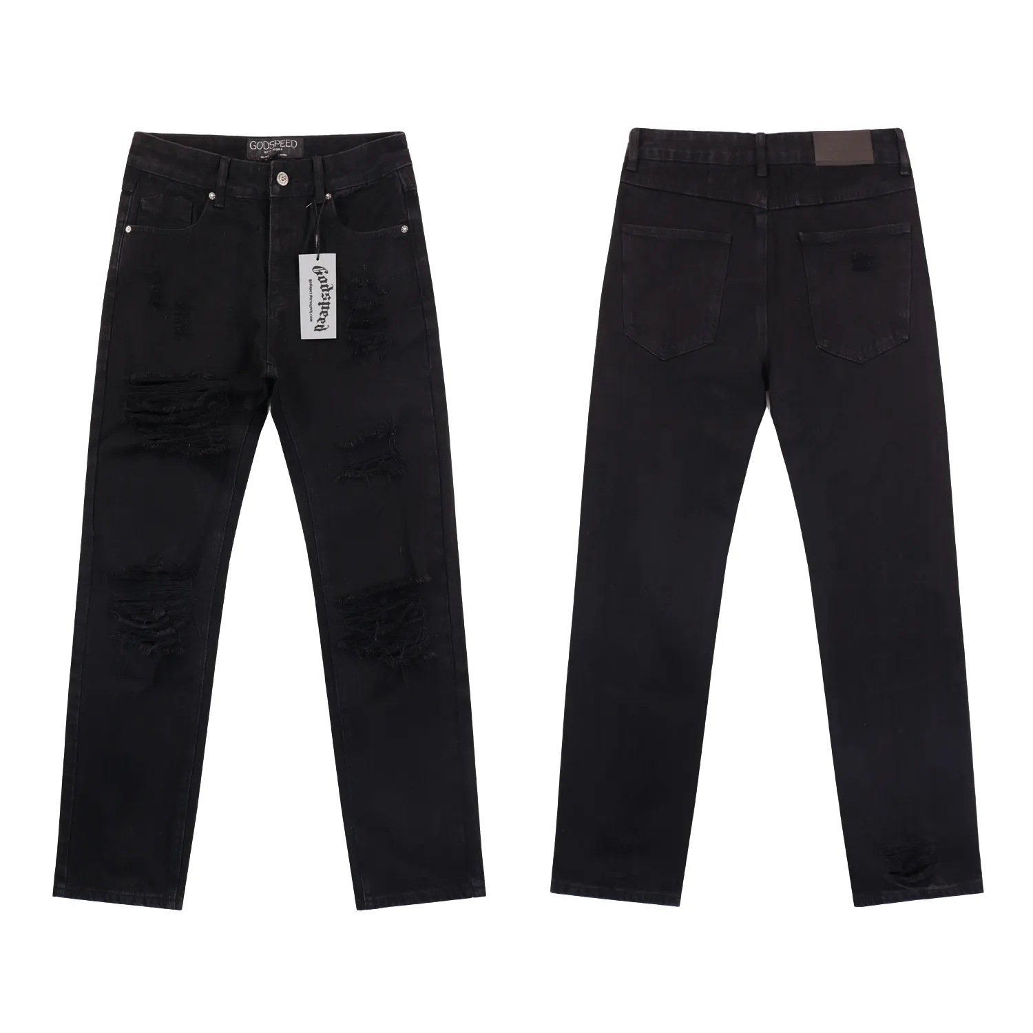 Style No.: 8209 Fabric: Denim P170 Real shot of the trendy Godspeed denim trousers in stock, loose and trendy brand denim Color: Smoke Gray Black Size 28 (S) 30 (M) 32 (L) 34 (XL) 36 (XXL) 38 (XXXL)