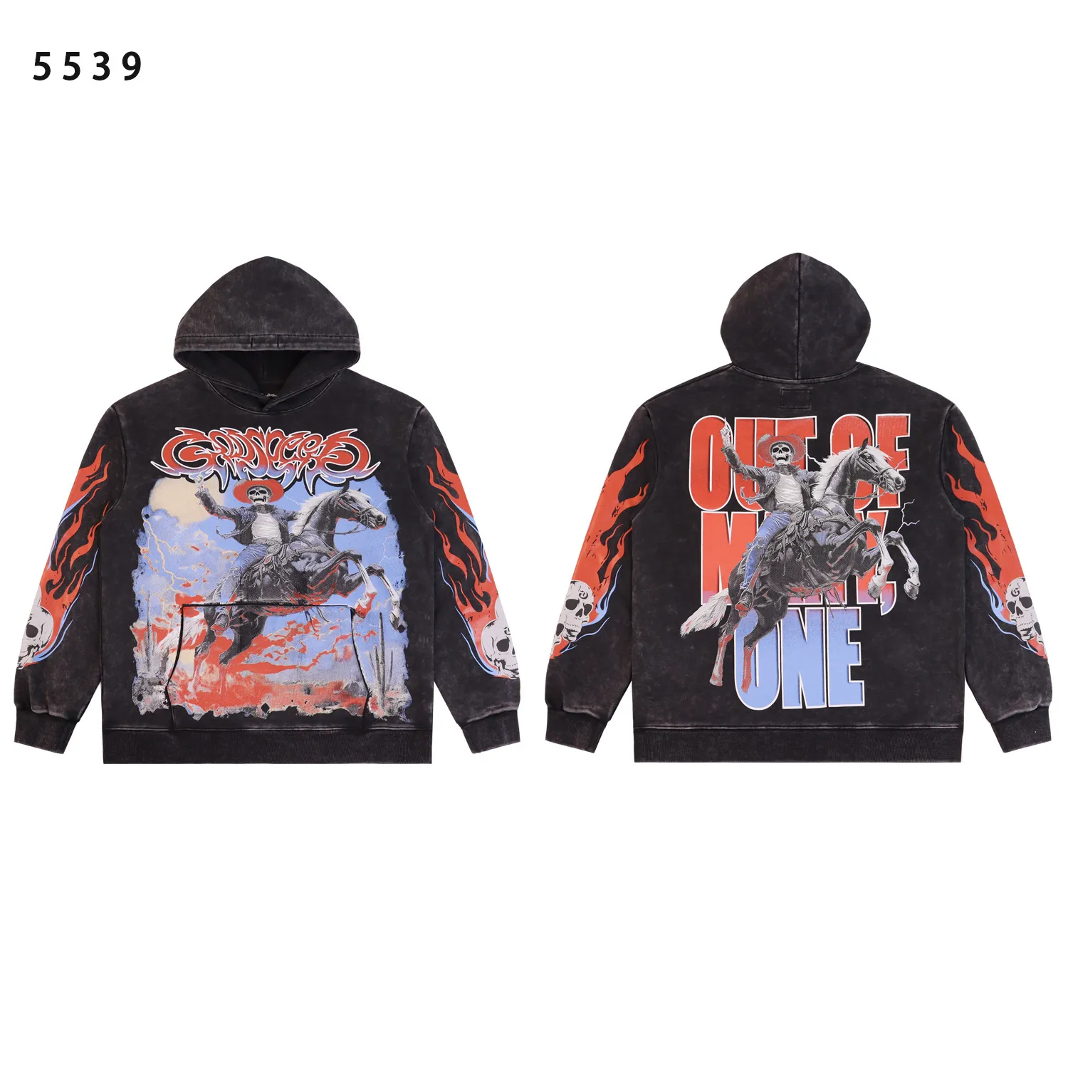Style number: 5539 Fabric: 420g washed and distressed P196 Real shot Spot Godspeed American fashion rock street retro washed and distressed printed hooded sweatshirt Color: washed black washed apricot Size: S M L XL