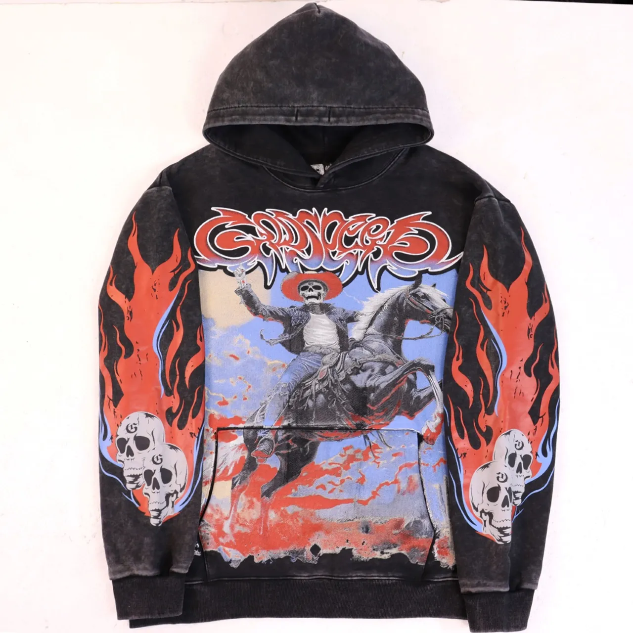 Style number: 5539 Fabric: 420g washed and distressed P196 Real shot Spot Godspeed American fashion rock street retro washed and distressed printed hooded sweatshirt Color: washed black washed apricot Size: S M L XL