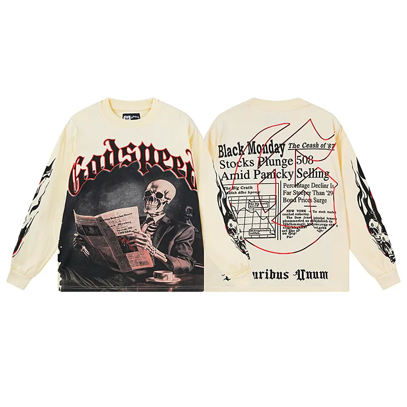 3175# P140 Real shot of Godspeed American fashion rock street pure cotton loose bottoming long-sleeved T-shirt long T Fabric: 270g 32 count fine cotton double yarn pure cotton Color: Apricot Code number: S M L XL