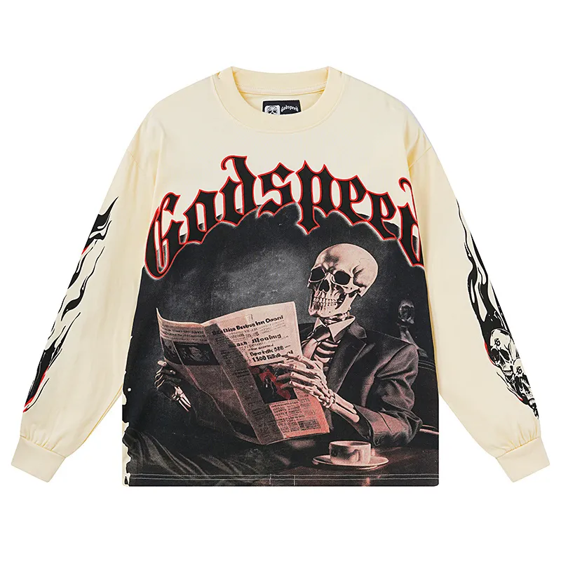 3175# P140 Real shot of Godspeed American fashion rock street pure cotton loose bottoming long-sleeved T-shirt long T Fabric: 270g 32 count fine cotton double yarn pure cotton Color: Apricot Code number: S M L XL