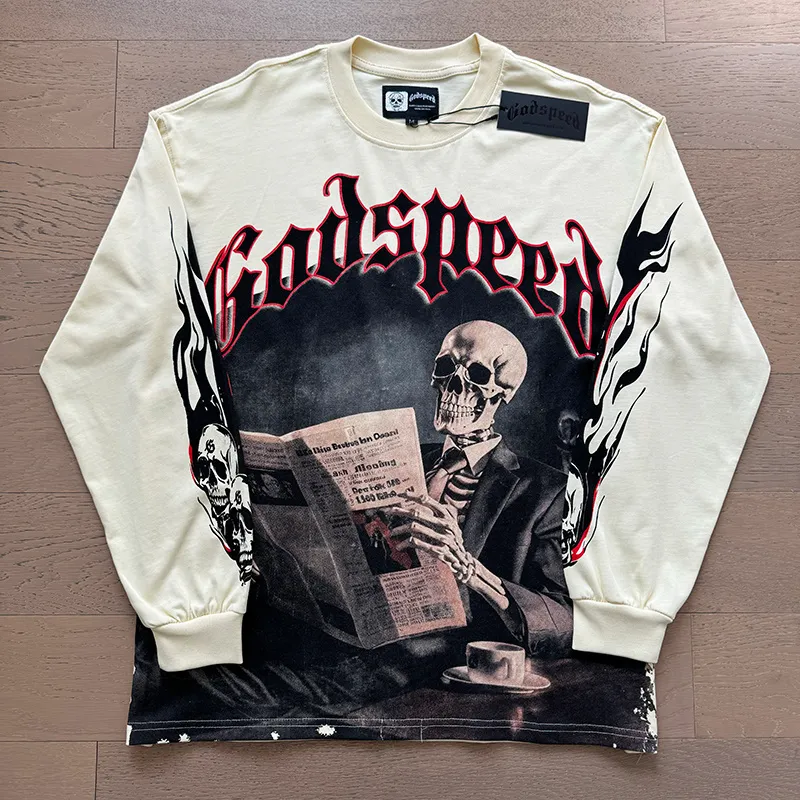 3175# P140 Real shot of Godspeed American fashion rock street pure cotton loose bottoming long-sleeved T-shirt long T Fabric: 270g 32 count fine cotton double yarn pure cotton Color: Apricot Code number: S M L XL