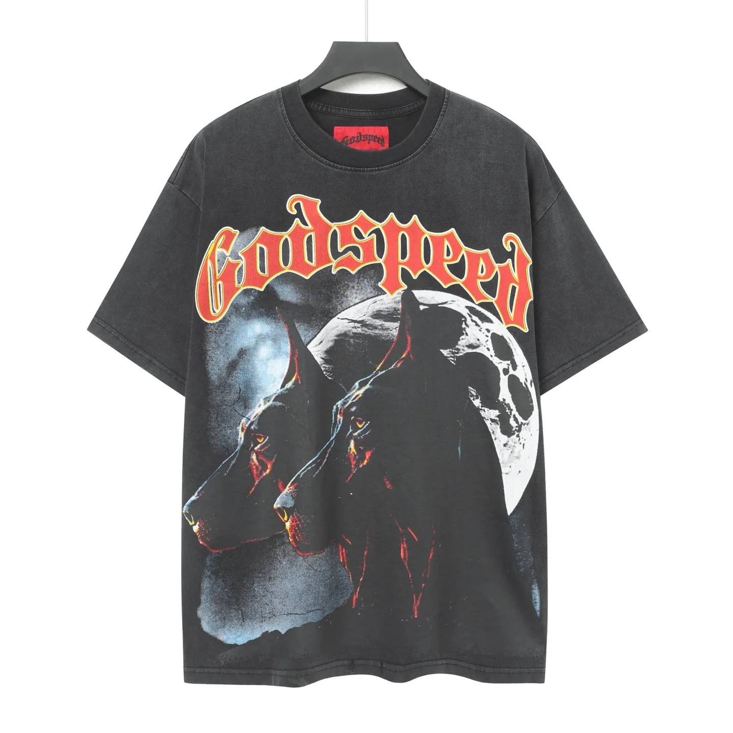 6001# washed black/denim blue｜P116 Godspeed cross-border American rock and roll street washed retro style short-sleeved T (craft print) fabric (fabric): washed black, blue: 32 count combed double yarn 250g weight code (size): S-M-L-XL color (colour): washed black, washed blue