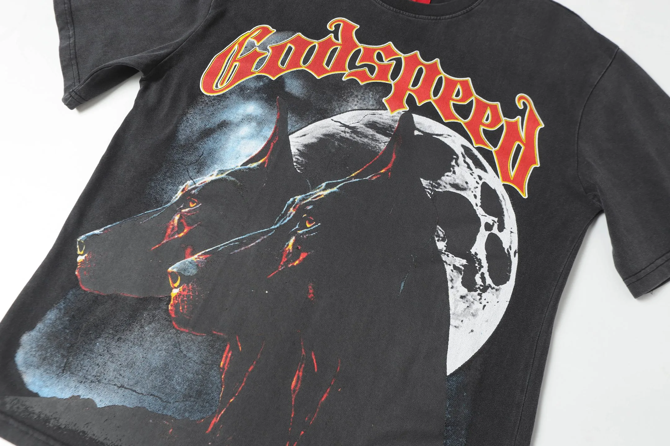 6001# washed black/denim blue｜P116 Godspeed cross-border American rock and roll street washed retro style short-sleeved T (craft print) fabric (fabric): washed black, blue: 32 count combed double yarn 250g weight code (size): S-M-L-XL color (colour): washed black, washed blue