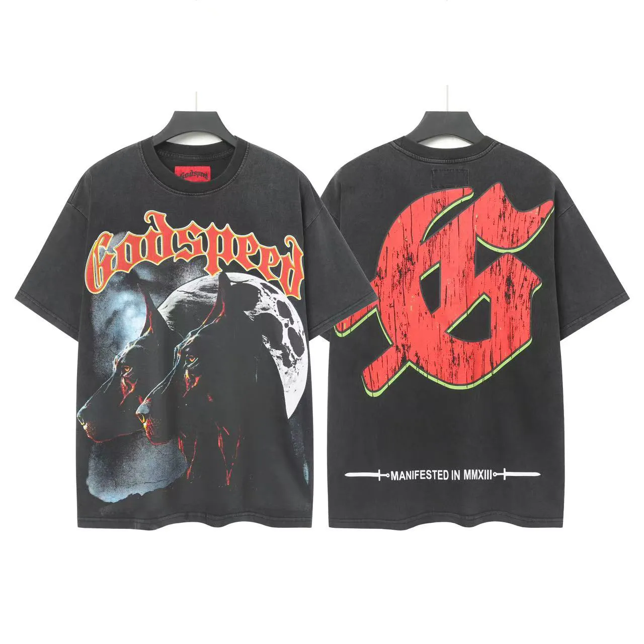6001# washed black/denim blue｜P116 Godspeed cross-border American rock and roll street washed retro style short-sleeved T (craft print) fabric (fabric): washed black, blue: 32 count combed double yarn 250g weight code (size): S-M-L-XL color (colour): washed black, washed blue
