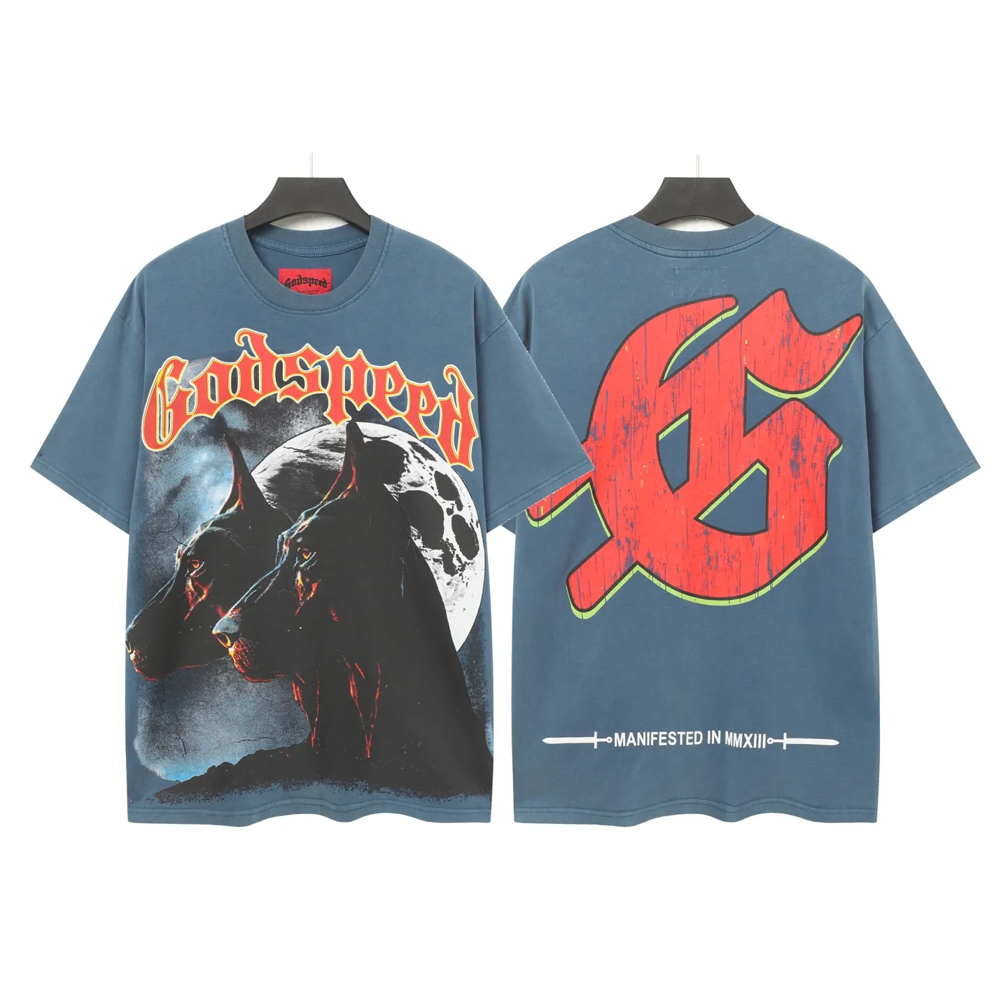 6001# washed black/denim blue｜P116 Godspeed cross-border American rock and roll street washed retro style short-sleeved T (craft print) fabric (fabric): washed black, blue: 32 count combed double yarn 250g weight code (size): S-M-L-XL color (colour): washed black, washed blue