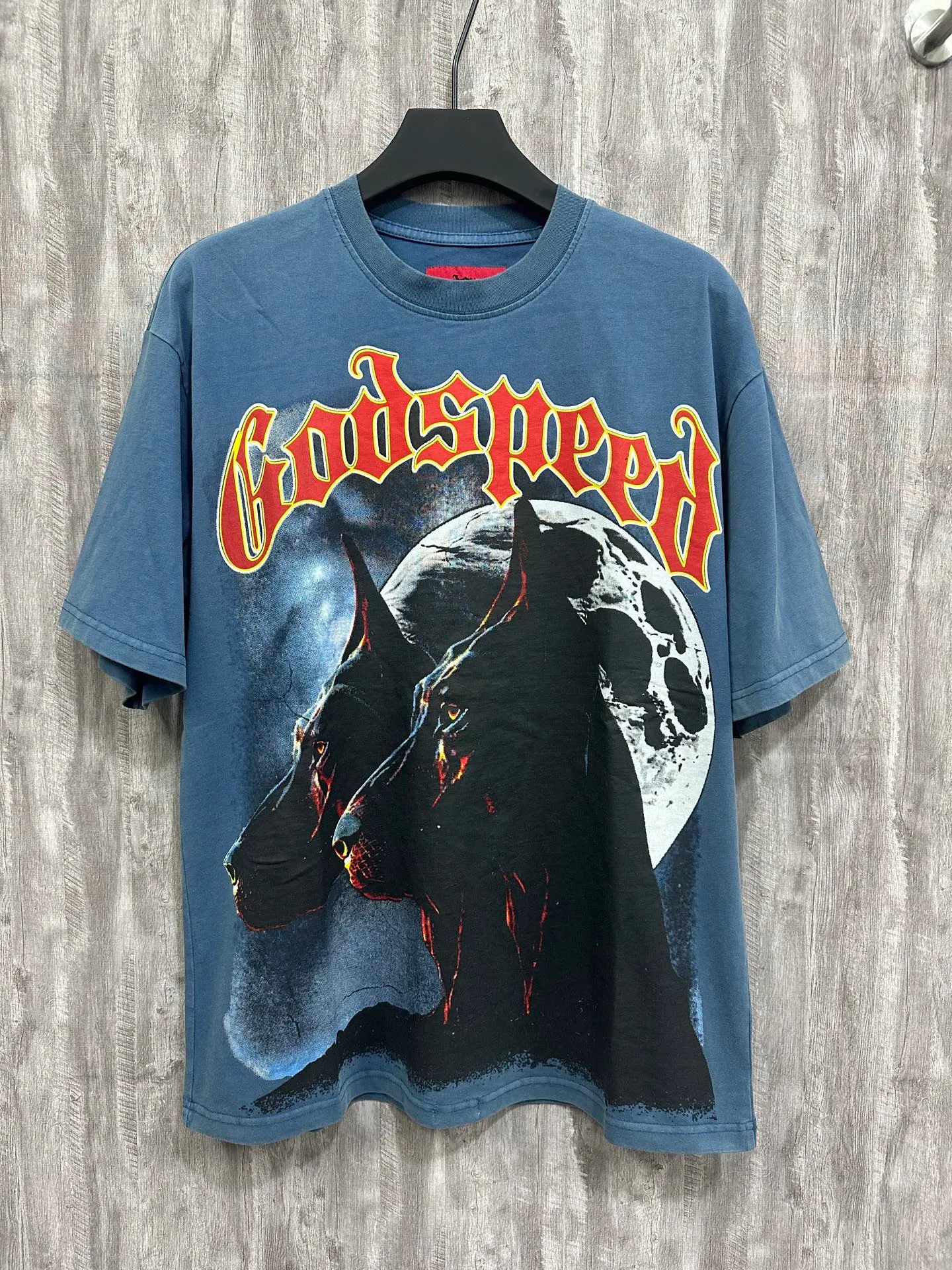 6001# washed black/denim blue｜P116 Godspeed cross-border American rock and roll street washed retro style short-sleeved T (craft print) fabric (fabric): washed black, blue: 32 count combed double yarn 250g weight code (size): S-M-L-XL color (colour): washed black, washed blue