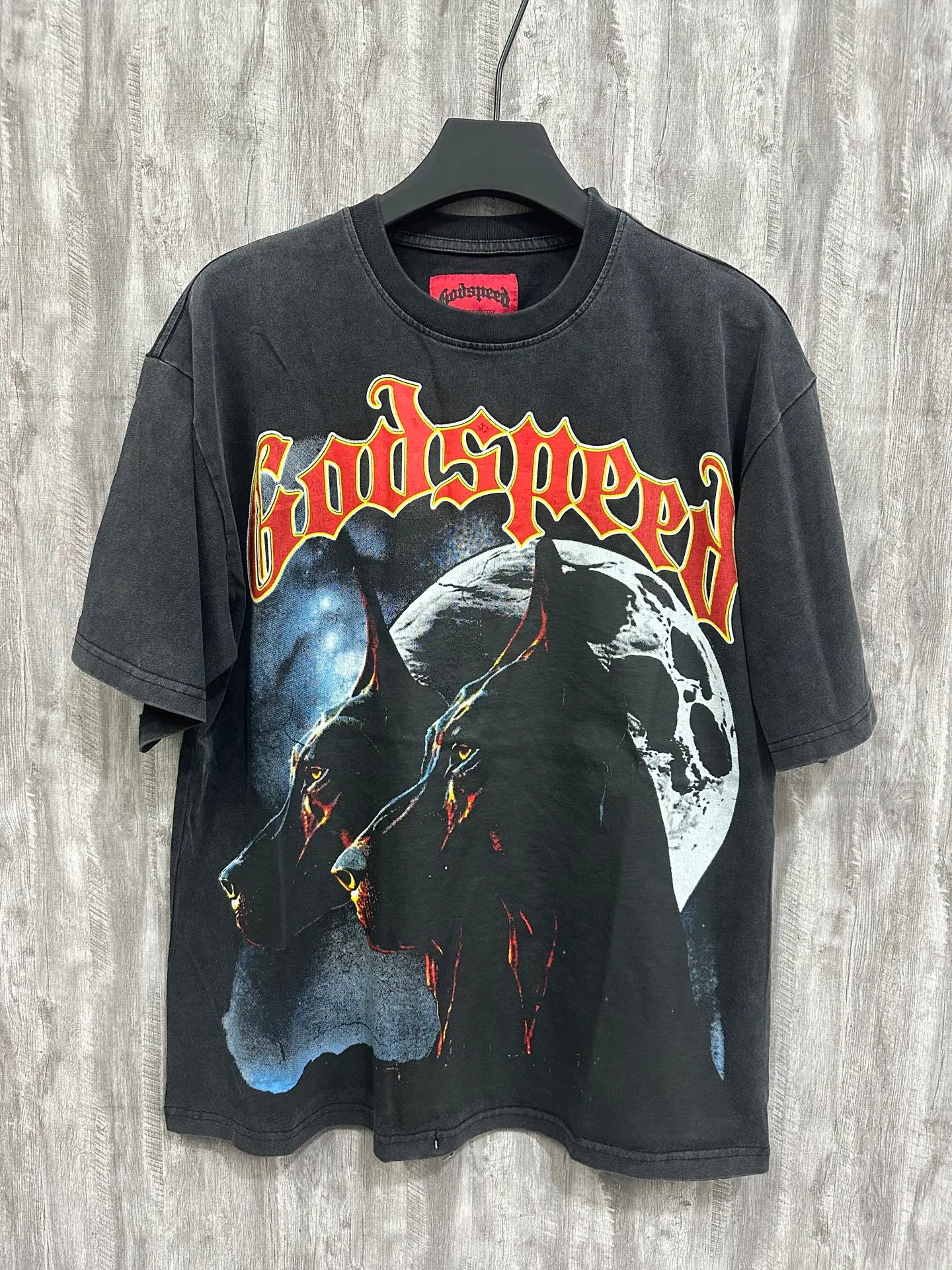 6001# washed black/denim blue｜P116 Godspeed cross-border American rock and roll street washed retro style short-sleeved T (craft print) fabric (fabric): washed black, blue: 32 count combed double yarn 250g weight code (size): S-M-L-XL color (colour): washed black, washed blue