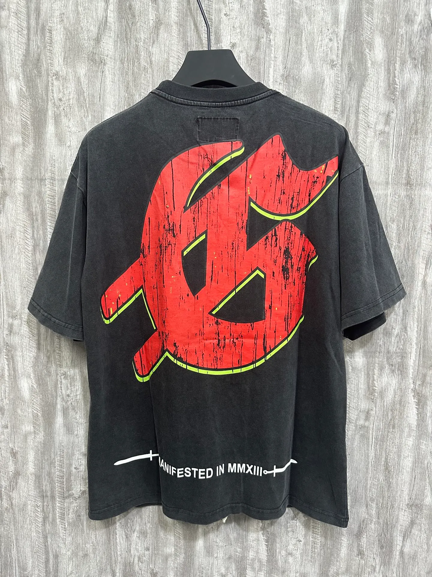 6001# washed black/denim blue｜P116 Godspeed cross-border American rock and roll street washed retro style short-sleeved T (craft print) fabric (fabric): washed black, blue: 32 count combed double yarn 250g weight code (size): S-M-L-XL color (colour): washed black, washed blue