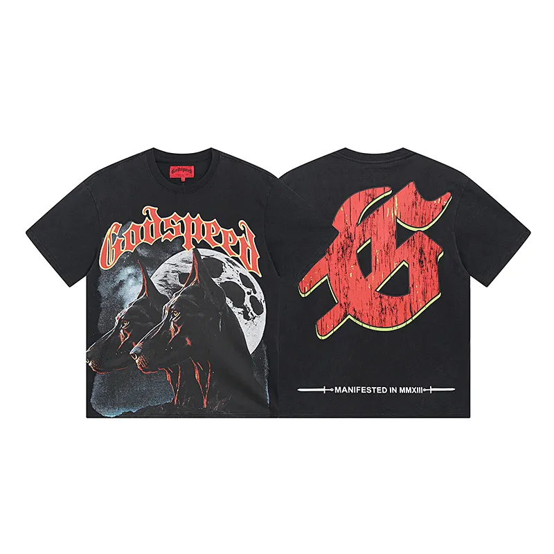 6001# washed black/denim blue｜P116 Godspeed cross-border American rock and roll street washed retro style short-sleeved T (craft print) fabric (fabric): washed black, blue: 32 count combed double yarn 250g weight code (size): S-M-L-XL color (colour): washed black, washed blue