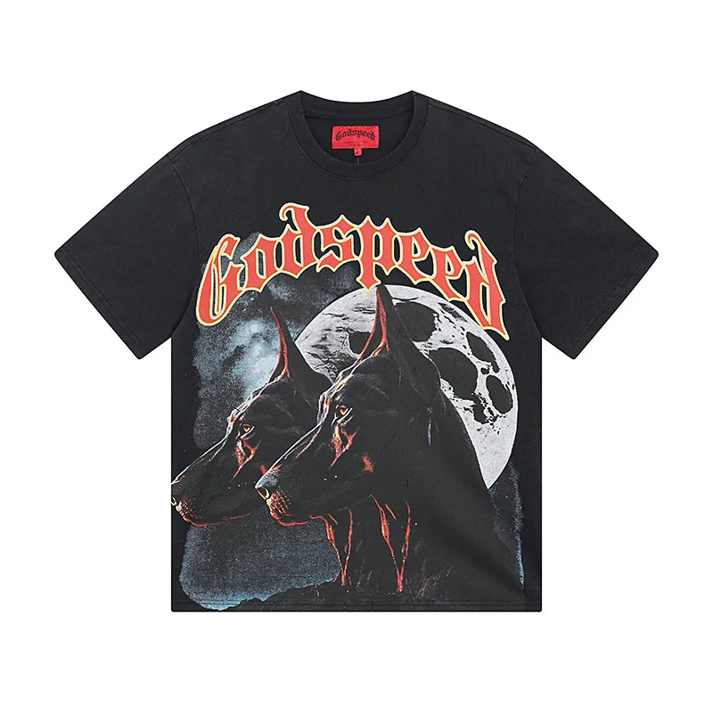 6001# washed black/denim blue｜P116 Godspeed cross-border American rock and roll street washed retro style short-sleeved T (craft print) fabric (fabric): washed black, blue: 32 count combed double yarn 250g weight code (size): S-M-L-XL color (colour): washed black, washed blue