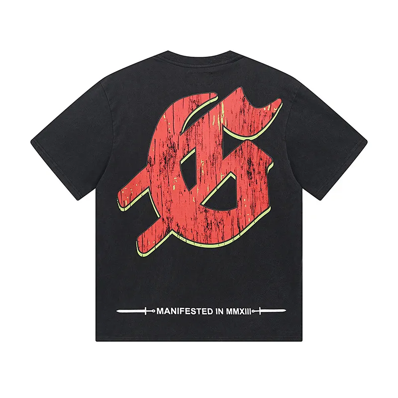 6001# washed black/denim blue｜P116 Godspeed cross-border American rock and roll street washed retro style short-sleeved T (craft print) fabric (fabric): washed black, blue: 32 count combed double yarn 250g weight code (size): S-M-L-XL color (colour): washed black, washed blue