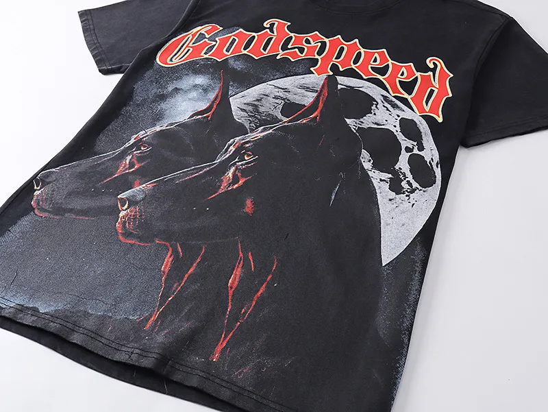 6001# washed black/denim blue｜P116 Godspeed cross-border American rock and roll street washed retro style short-sleeved T (craft print) fabric (fabric): washed black, blue: 32 count combed double yarn 250g weight code (size): S-M-L-XL color (colour): washed black, washed blue