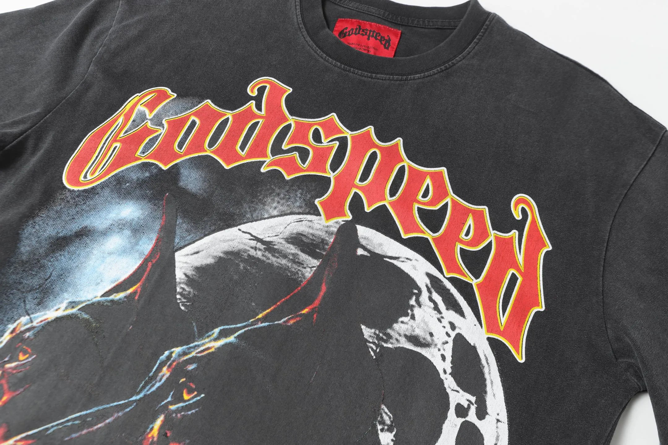 6001# washed black/denim blue｜P116 Godspeed cross-border American rock and roll street washed retro style short-sleeved T (craft print) fabric (fabric): washed black, blue: 32 count combed double yarn 250g weight code (size): S-M-L-XL color (colour): washed black, washed blue