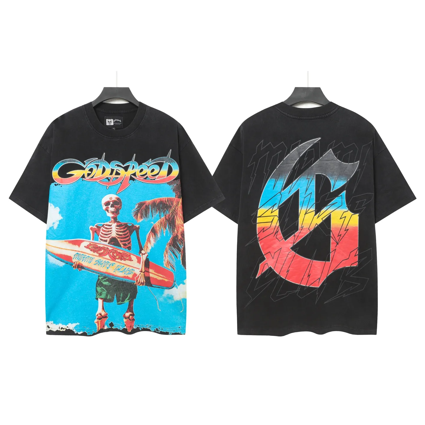 6083# washed black I P116 Godspeed cross-border American rock and roll street washed retro style short-sleeved T (craft printing) fabric (fabric): 32 count combed double yarn 250 grams weight code number (size): S-M-L-XL color (colour): washed black 👉