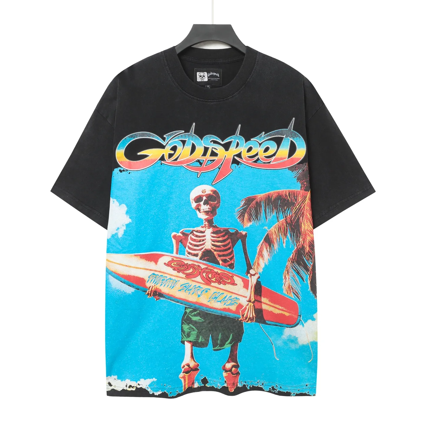 6083# washed black I P116 Godspeed cross-border American rock and roll street washed retro style short-sleeved T (craft printing) fabric (fabric): 32 count combed double yarn 250 grams weight code number (size): S-M-L-XL color (colour): washed black 👉
