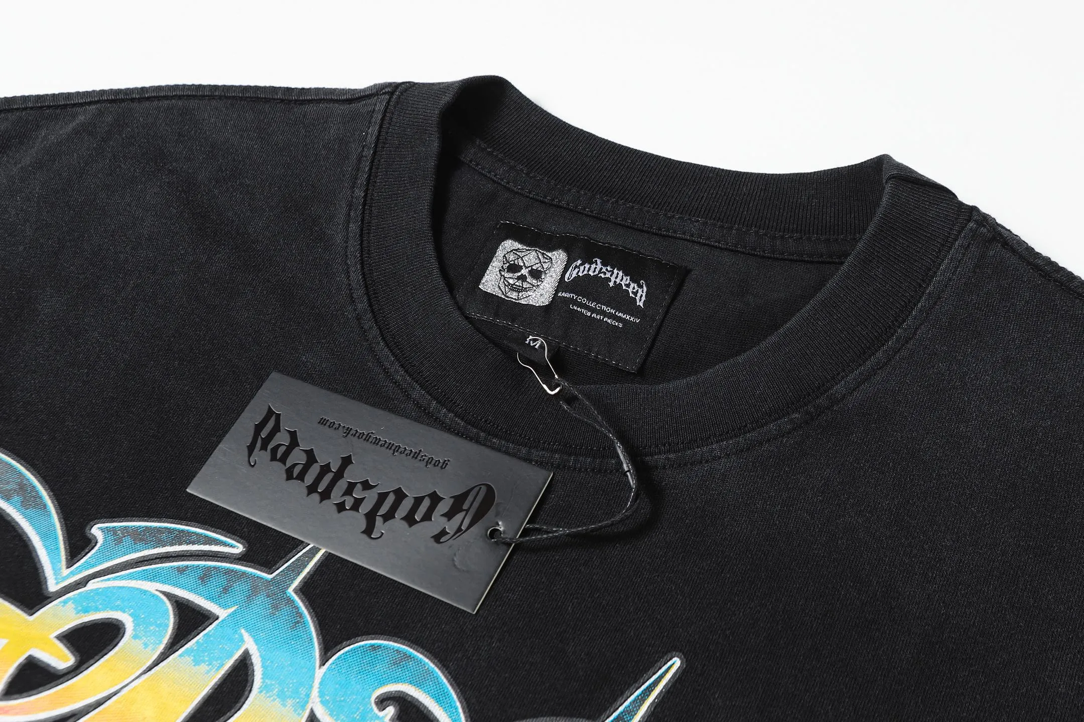 6083# washed black I P116 Godspeed cross-border American rock and roll street washed retro style short-sleeved T (craft printing) fabric (fabric): 32 count combed double yarn 250 grams weight code number (size): S-M-L-XL color (colour): washed black 👉