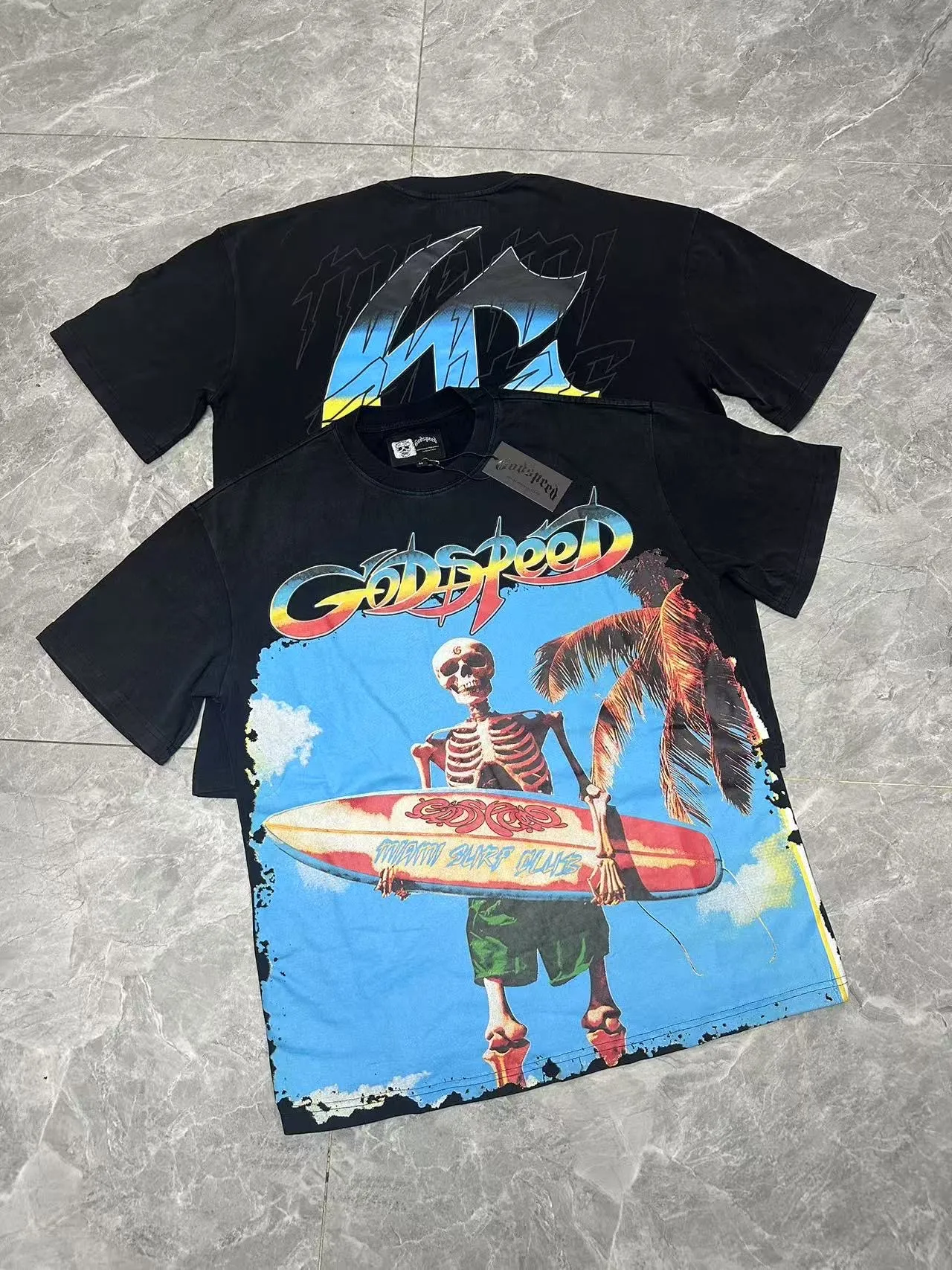 6083# washed black I P116 Godspeed cross-border American rock and roll street washed retro style short-sleeved T (craft printing) fabric (fabric): 32 count combed double yarn 250 grams weight code number (size): S-M-L-XL color (colour): washed black 👉