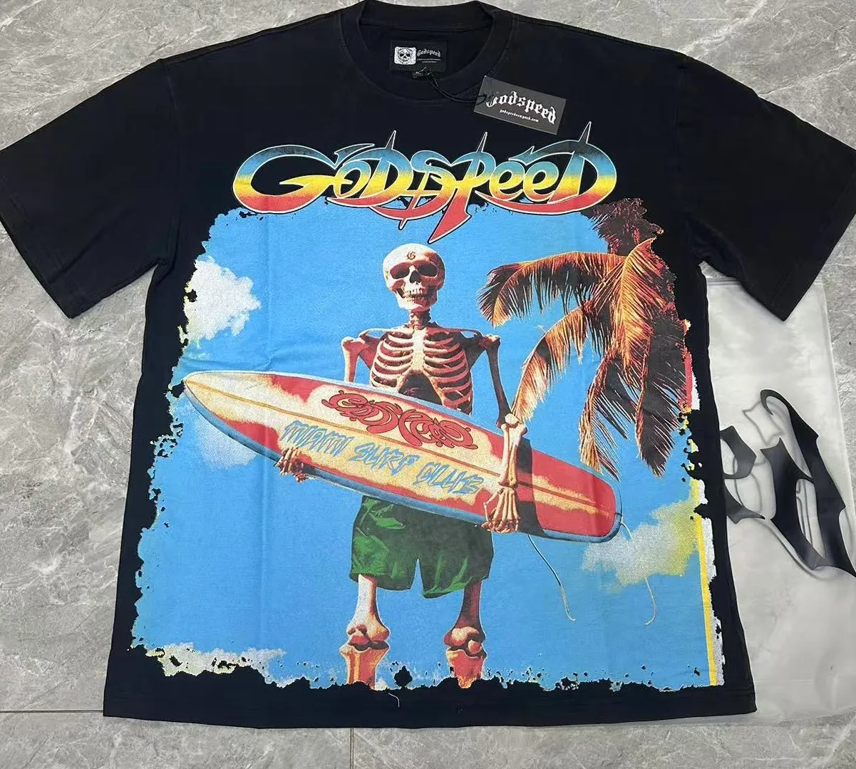 6083# washed black I P116 Godspeed cross-border American rock and roll street washed retro style short-sleeved T (craft printing) fabric (fabric): 32 count combed double yarn 250 grams weight code number (size): S-M-L-XL color (colour): washed black 👉