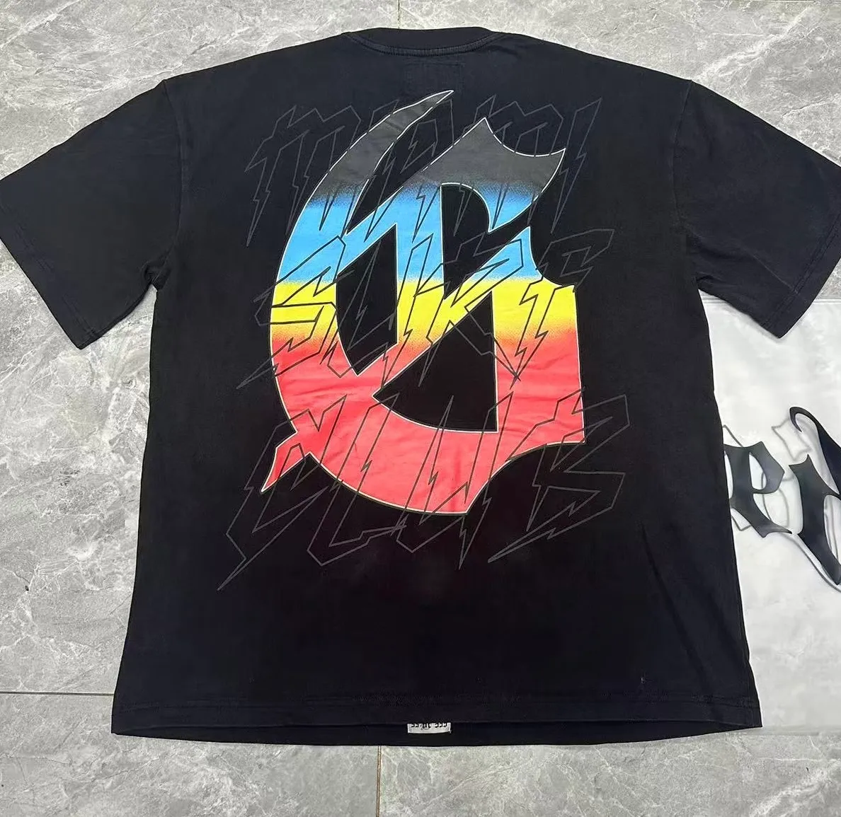 6083# washed black I P116 Godspeed cross-border American rock and roll street washed retro style short-sleeved T (craft printing) fabric (fabric): 32 count combed double yarn 250 grams weight code number (size): S-M-L-XL color (colour): washed black 👉