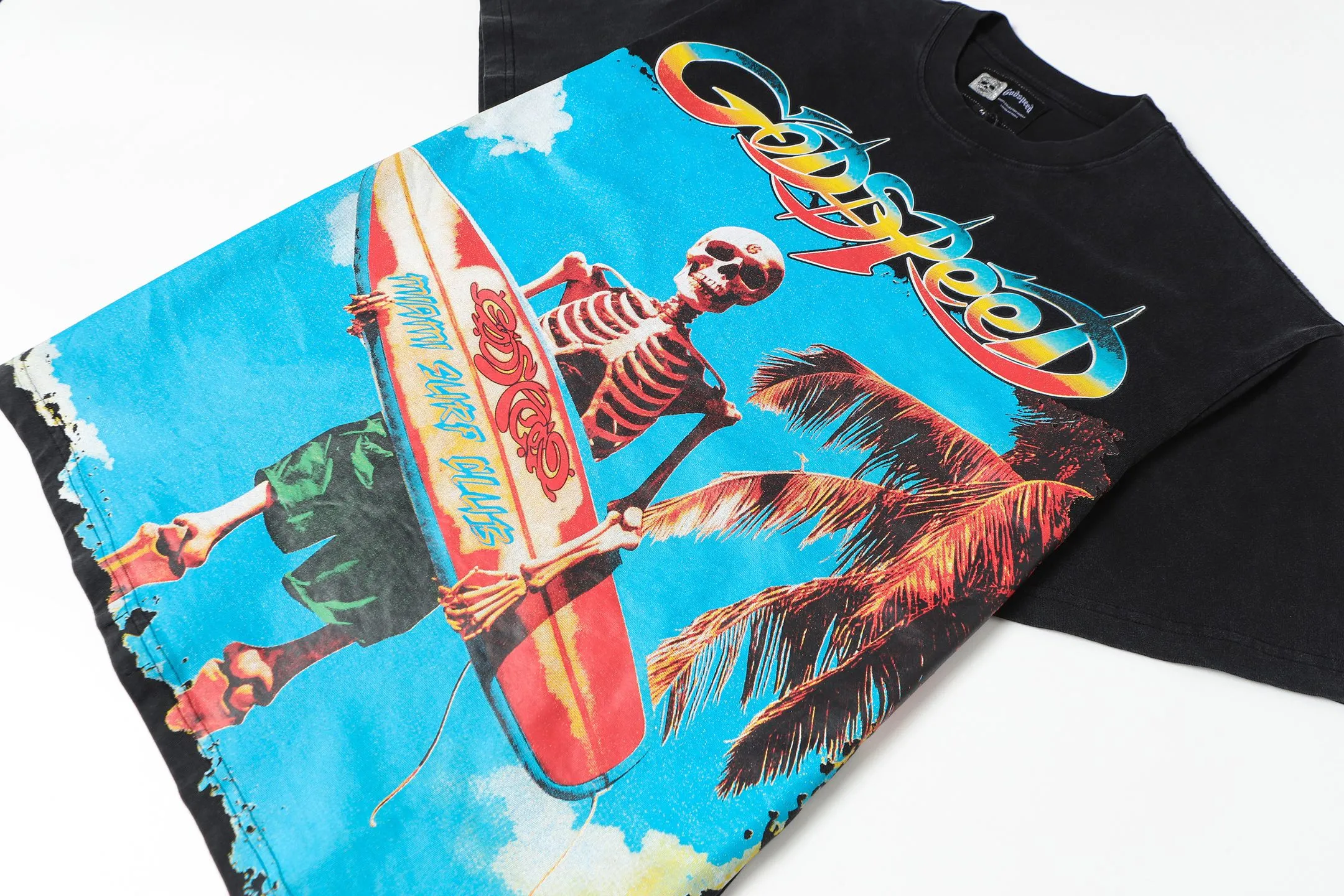 6083# washed black I P116 Godspeed cross-border American rock and roll street washed retro style short-sleeved T (craft printing) fabric (fabric): 32 count combed double yarn 250 grams weight code number (size): S-M-L-XL color (colour): washed black 👉