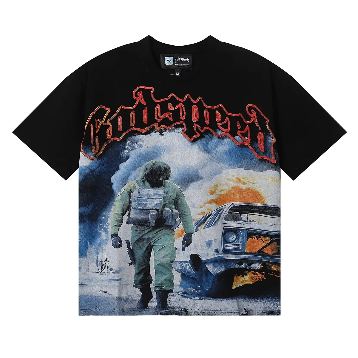 No. 7010, Mechao Godspeed war flame car print high weight double yarn pure cotton casual short-sleeved T-shirt batch 110 Color: black, white; Size: S M L XL