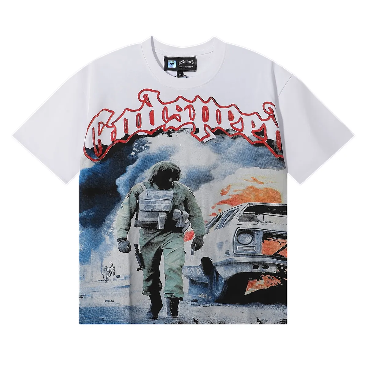 No. 7010, Mechao Godspeed war flame car print high weight double yarn pure cotton casual short-sleeved T-shirt batch 110 Color: black, white; Size: S M L XL