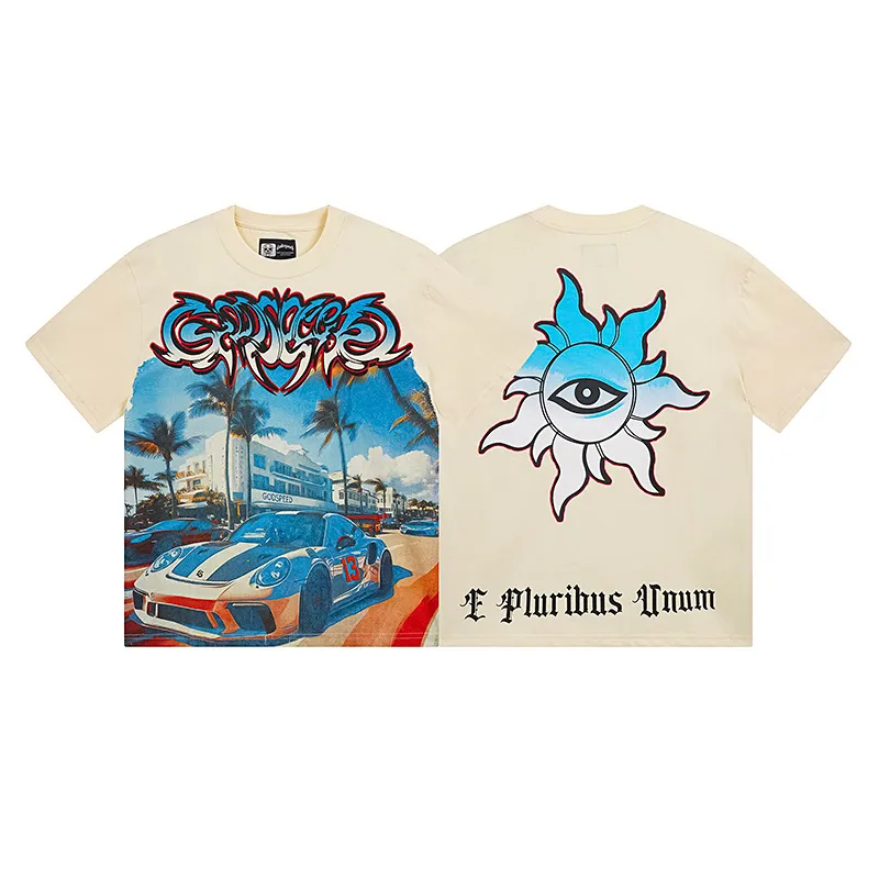 3113# P106 Real shot Godspeed American fashion rock street retro loose printed cotton short sleeves Fabric: 240g 32 count fine cotton double yarn pure cotton Color: apricot Size: S M L XL
