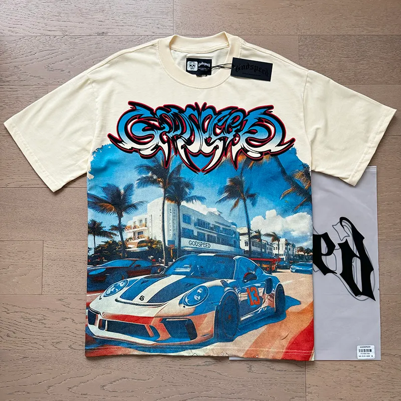 3113# P106 Real shot Godspeed American fashion rock street retro loose printed cotton short sleeves Fabric: 240g 32 count fine cotton double yarn pure cotton Color: apricot Size: S M L XL