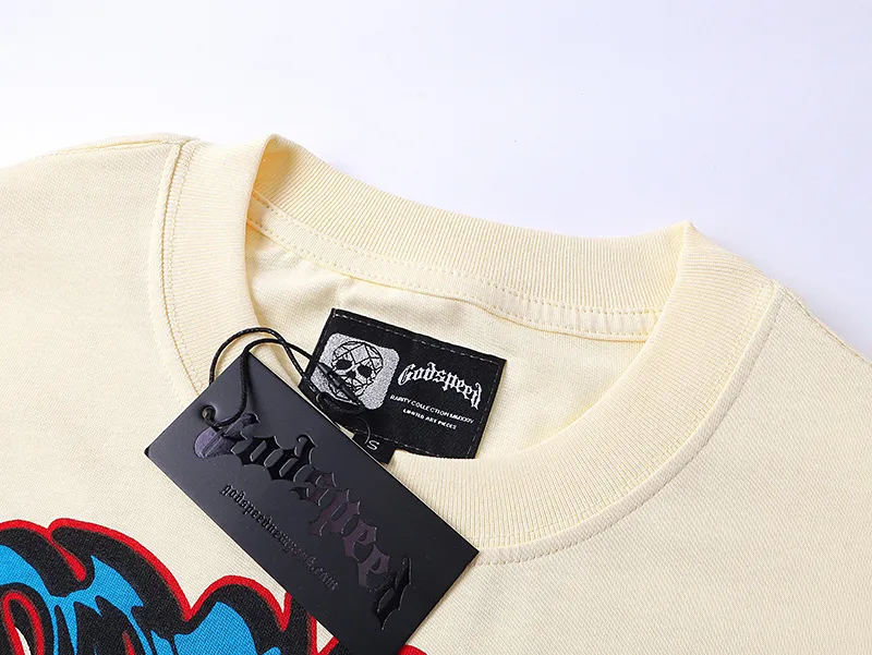 3113# P106 Real shot Godspeed American fashion rock street retro loose printed cotton short sleeves Fabric: 240g 32 count fine cotton double yarn pure cotton Color: apricot Size: S M L XL