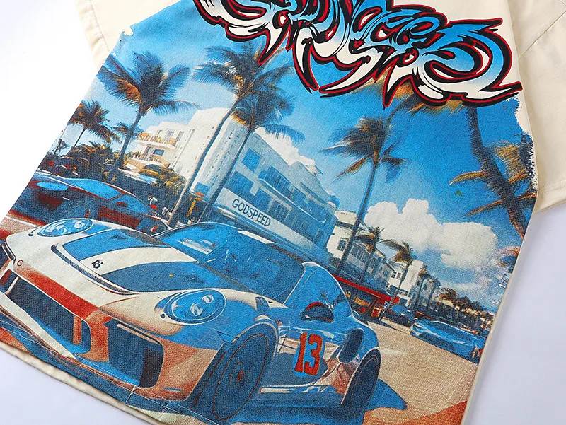 3113# P106 Real shot Godspeed American fashion rock street retro loose printed cotton short sleeves Fabric: 240g 32 count fine cotton double yarn pure cotton Color: apricot Size: S M L XL