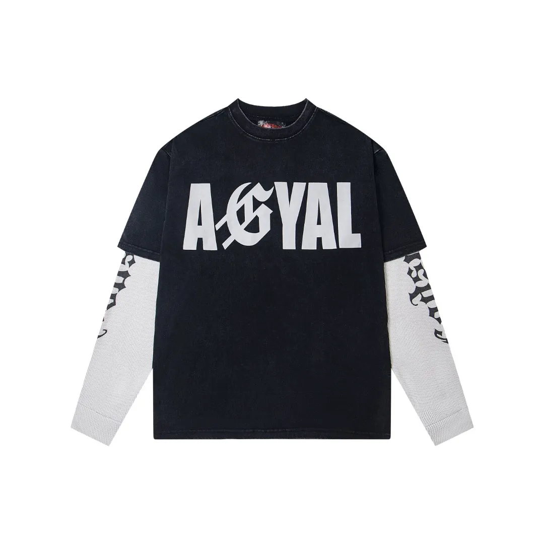 G37# GodSpeed ​​washed printed spliced ​​waffle long sleeves S-XL size washed black P146 apricot P136