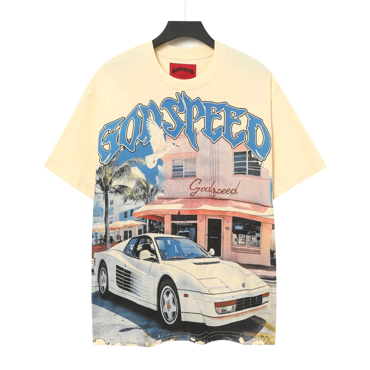 5057#Apricot｜P104 Godspeed cross-border American rock and roll street washed retro style short-sleeved T (craft printing) fabric (fabric) 32 counts combed double yarn 240 grams weight code number (size): S-M-L-XL color (colour): apricot