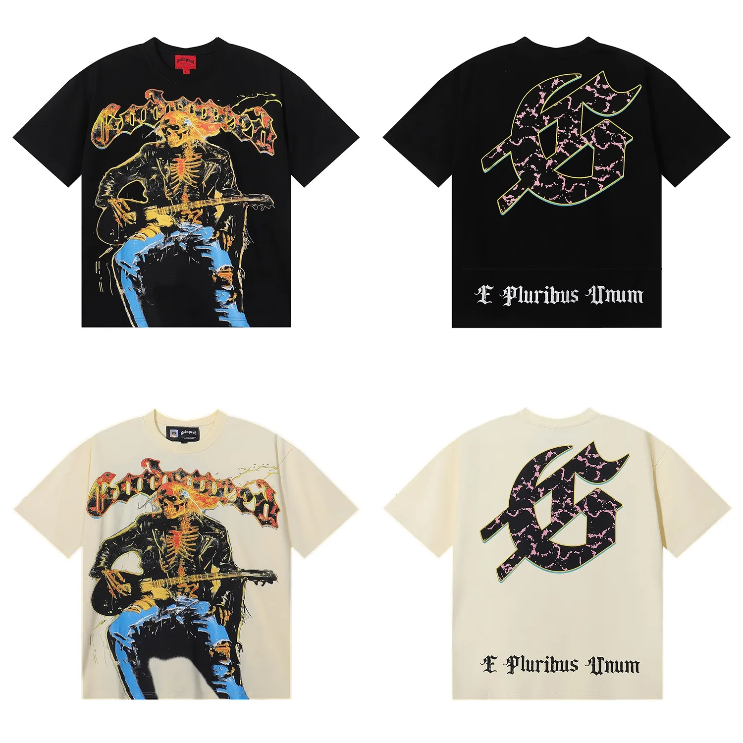 No. 7030, American trend Godspeed guitar skull denim print high quality double yarn casual round neck short-sleeved T-shirt batch 110 Color: black, apricot; Size: S M L XL