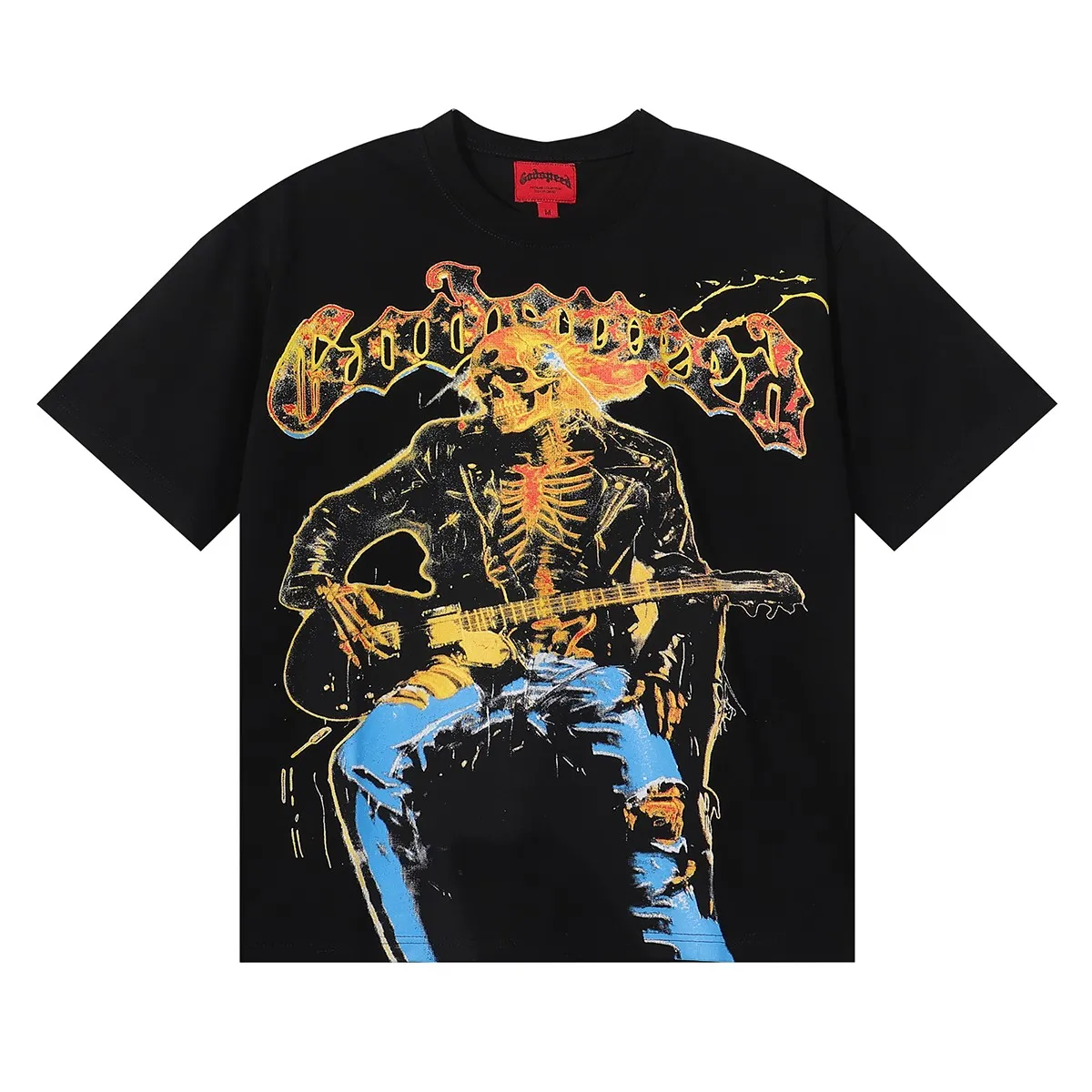 No. 7030, American trend Godspeed guitar skull denim print high quality double yarn casual round neck short-sleeved T-shirt batch 110 Color: black, apricot; Size: S M L XL