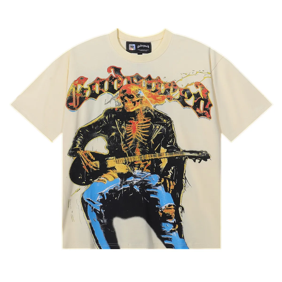 No. 7030, American trend Godspeed guitar skull denim print high quality double yarn casual round neck short-sleeved T-shirt batch 110 Color: black, apricot; Size: S M L XL