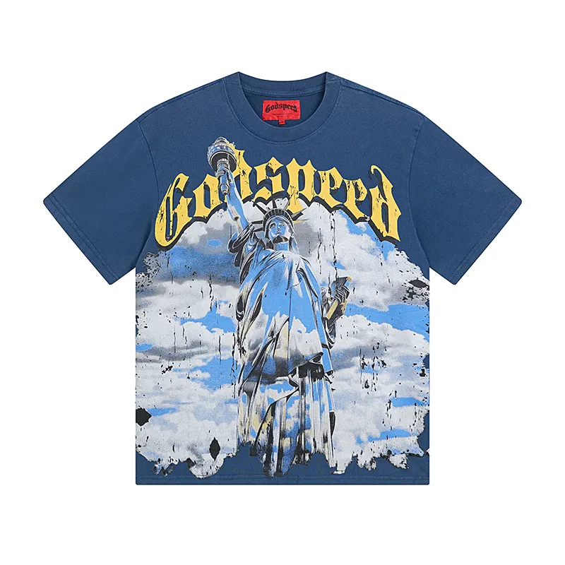 1015# P126 Washed model Real shot Godspeed American fashion rock street retro washed distressed printed cotton short sleeves Fabric: 250g 32 count fine cotton double yarn pure cotton Color: washed black washed blue Code number: S M L XL