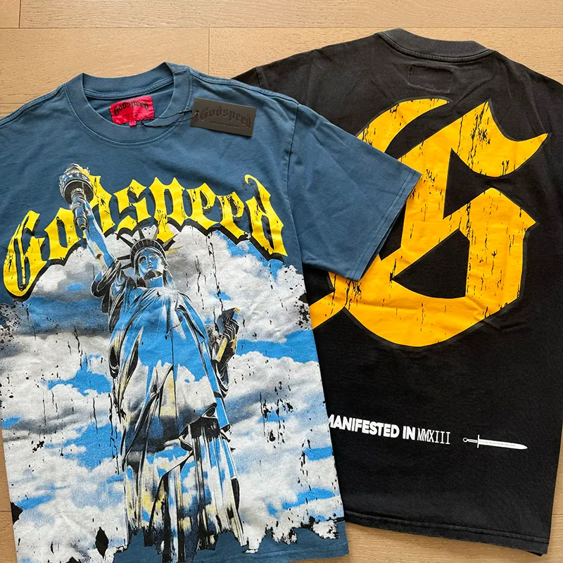 1015# P126 Washed model Real shot Godspeed American fashion rock street retro washed distressed printed cotton short sleeves Fabric: 250g 32 count fine cotton double yarn pure cotton Color: washed black washed blue Code number: S M L XL