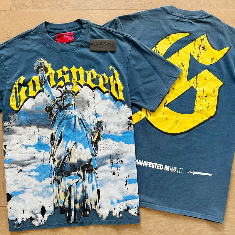 1015# P126 Washed model Real shot Godspeed American fashion rock street retro washed distressed printed cotton short sleeves Fabric: 250g 32 count fine cotton double yarn pure cotton Color: washed black washed blue Code number: S M L XL