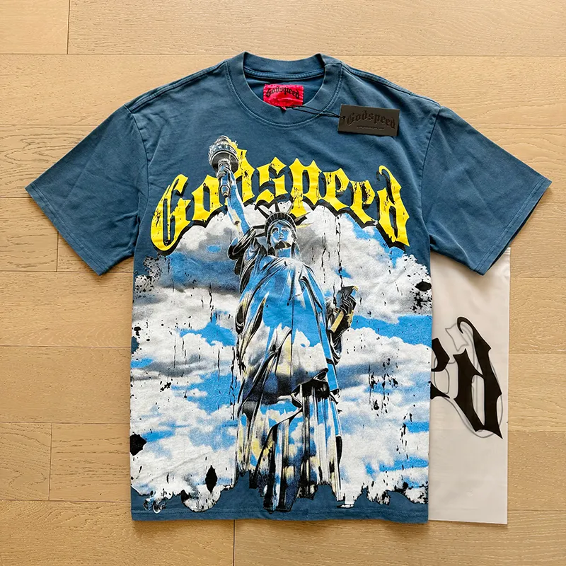 1015# P126 Washed model Real shot Godspeed American fashion rock street retro washed distressed printed cotton short sleeves Fabric: 250g 32 count fine cotton double yarn pure cotton Color: washed black washed blue Code number: S M L XL