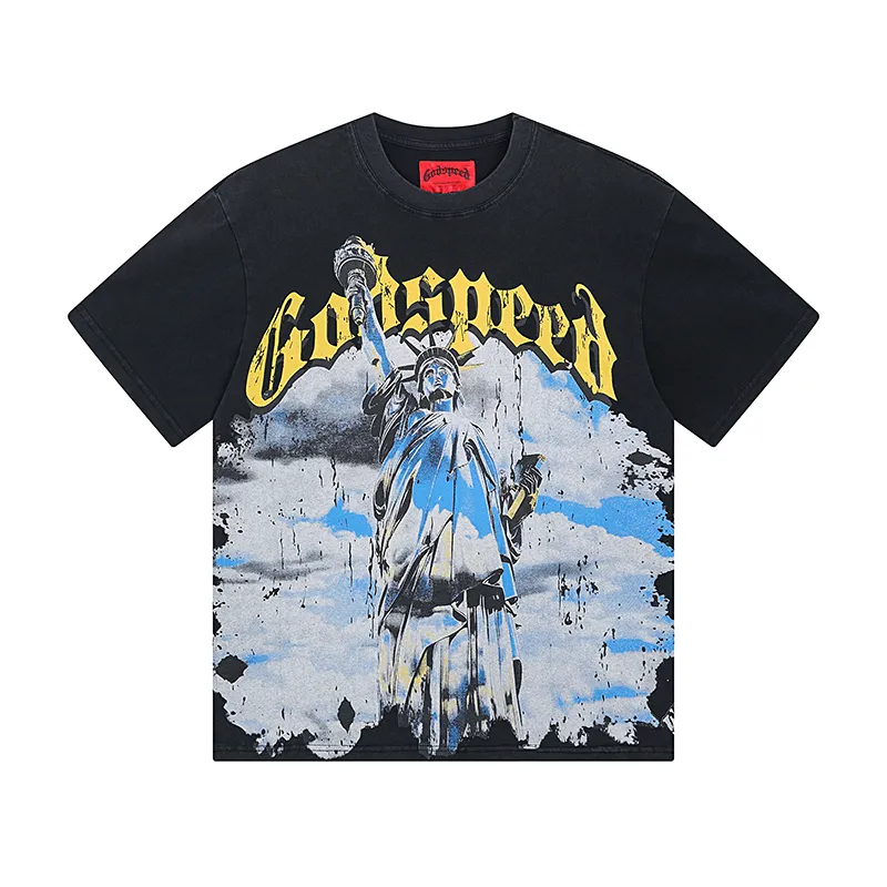 1015# P126 Washed model Real shot Godspeed American fashion rock street retro washed distressed printed cotton short sleeves Fabric: 250g 32 count fine cotton double yarn pure cotton Color: washed black washed blue Code number: S M L XL