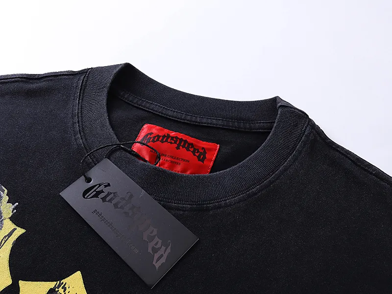 1015# P126 Washed model Real shot Godspeed American fashion rock street retro washed distressed printed cotton short sleeves Fabric: 250g 32 count fine cotton double yarn pure cotton Color: washed black washed blue Code number: S M L XL